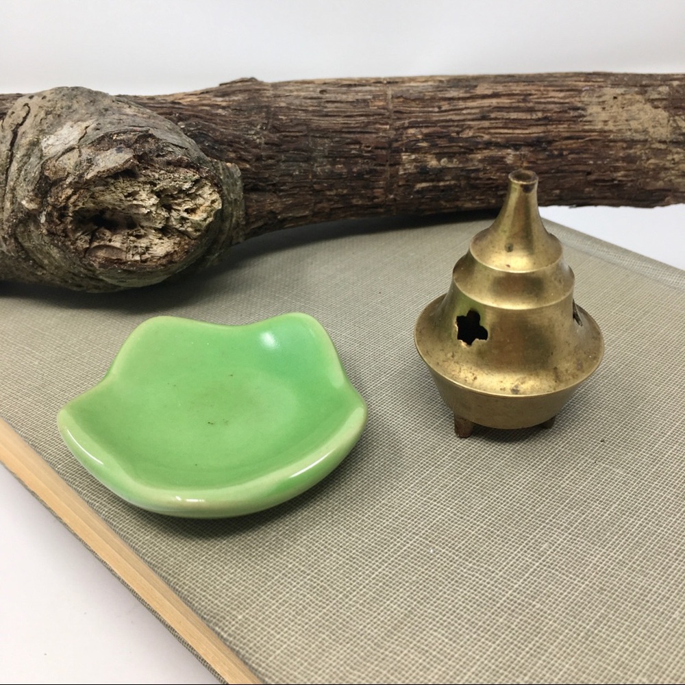 Pair of Lime Green Flower Ceramic and Brass Bell Shaped Trinket Incense Holders
